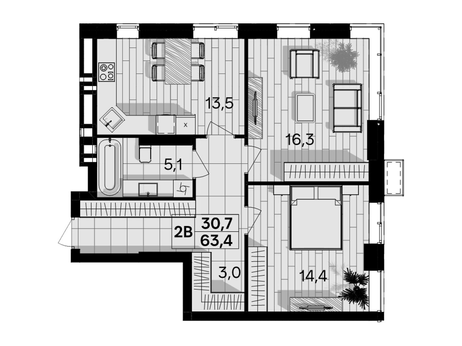 Фото 2 КІМ. КВАРТИРА, ПЛОЩА - 63.4 м², ЦІНА - 71 008 $
, пров. Цегельний у Вінниці