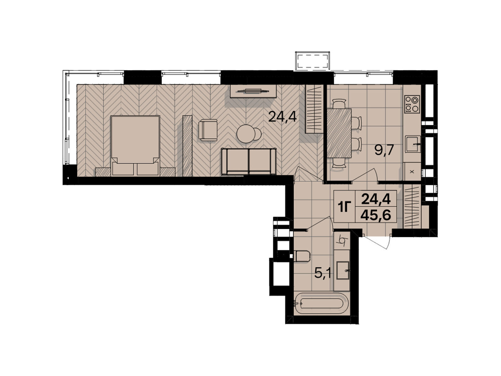 1 КІМ. КВАРТИРА, ПЛОЩА - 45.6 м², ЦІНА - 52 440 $
, пров. Цегельний