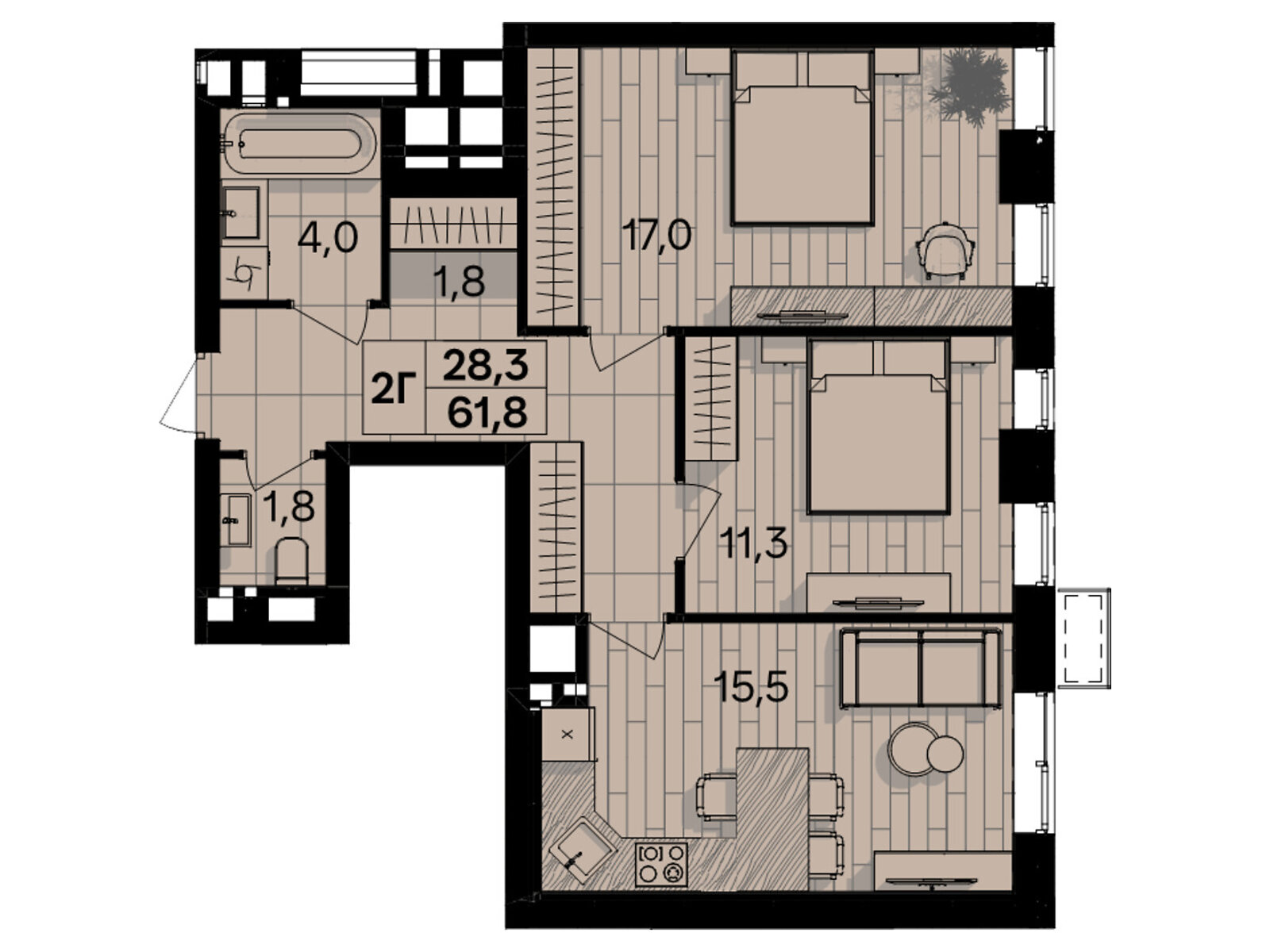 2 КІМ. КВАРТИРА, ПЛОЩА - 61.8 м², ЦІНА - 67 980 $
, пров. Цегельний