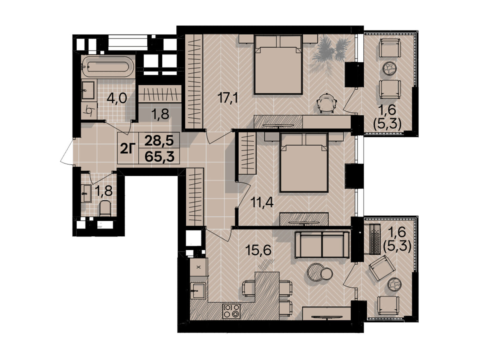 2 КІМ. КВАРТИРА, ПЛОЩА - 65.3 м², ЦІНА - 71 830 $
, пров. Цегельний