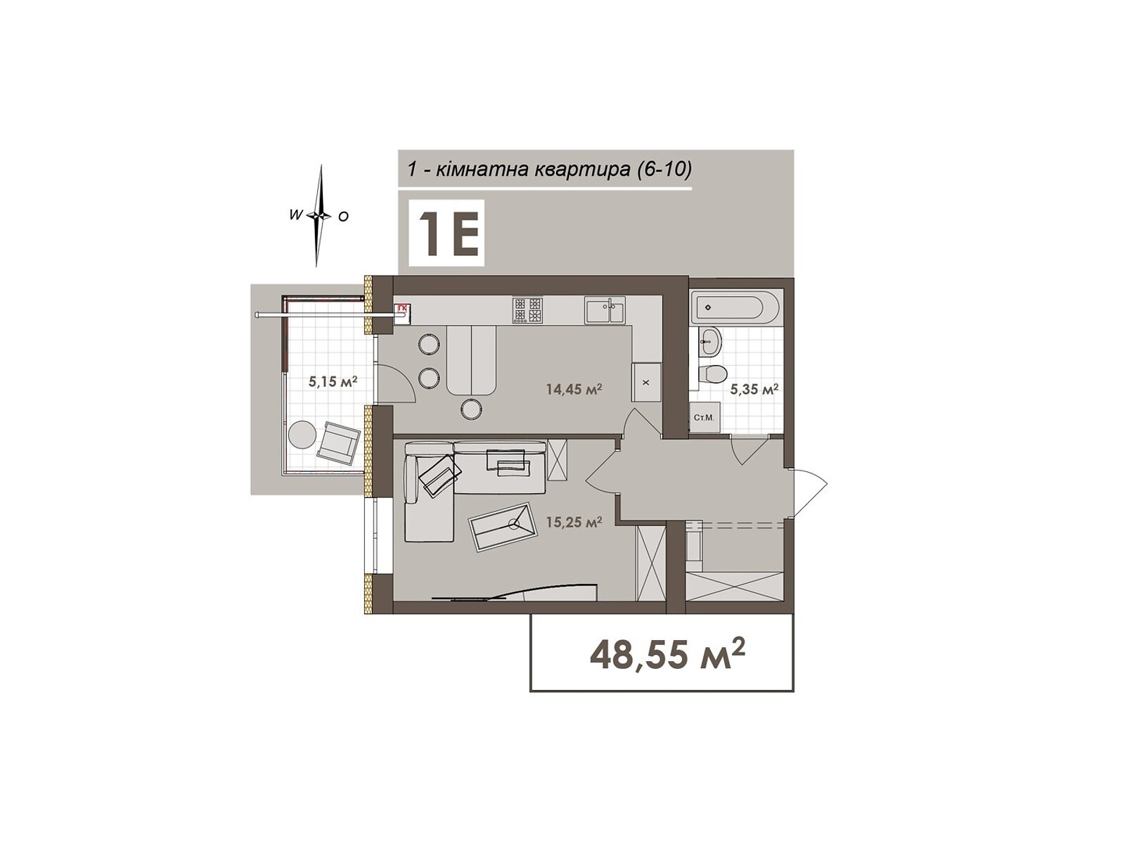 Обʼєкт нерухомості: 1 КІМ. КВАРТИРА, ПЛОЩА - 48.55 м², ЦІНА - 45 151 $
, вул. Стрілецька — HUBTRUST, Вінниця