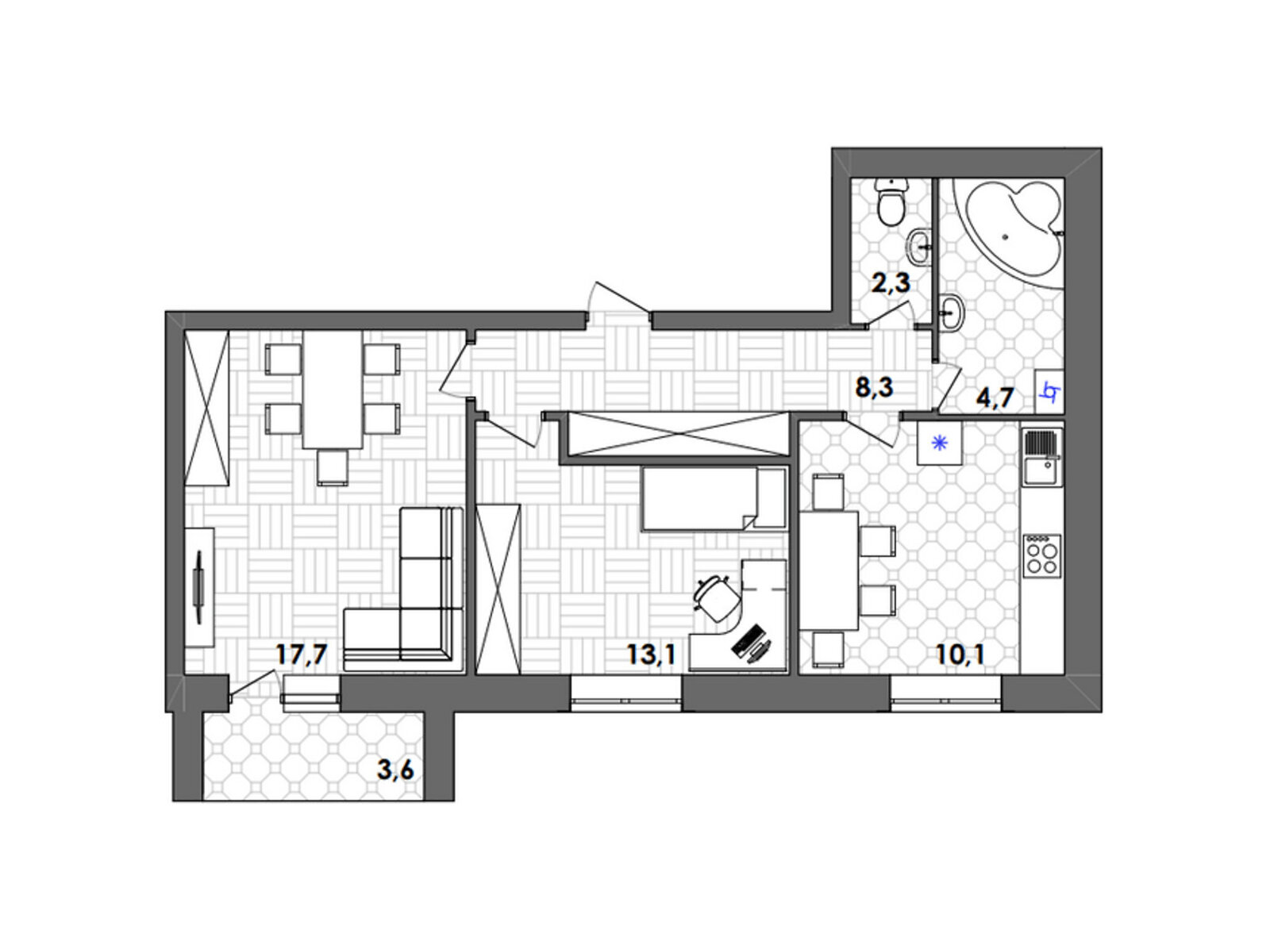 2 КІМ. КВАРТИРА, ПЛОЩА - 58.4 м², ЦІНА - 38 000 $
, Тиврівське шосе