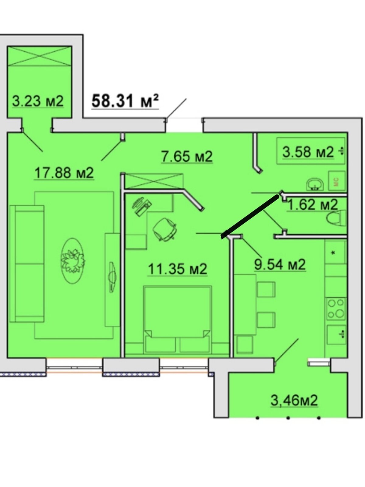 Фото 2 КІМ. КВАРТИРА, ПЛОЩА - 56.98 м², ЦІНА - 2 222 220 $
, вул. Одеська у Вінниці