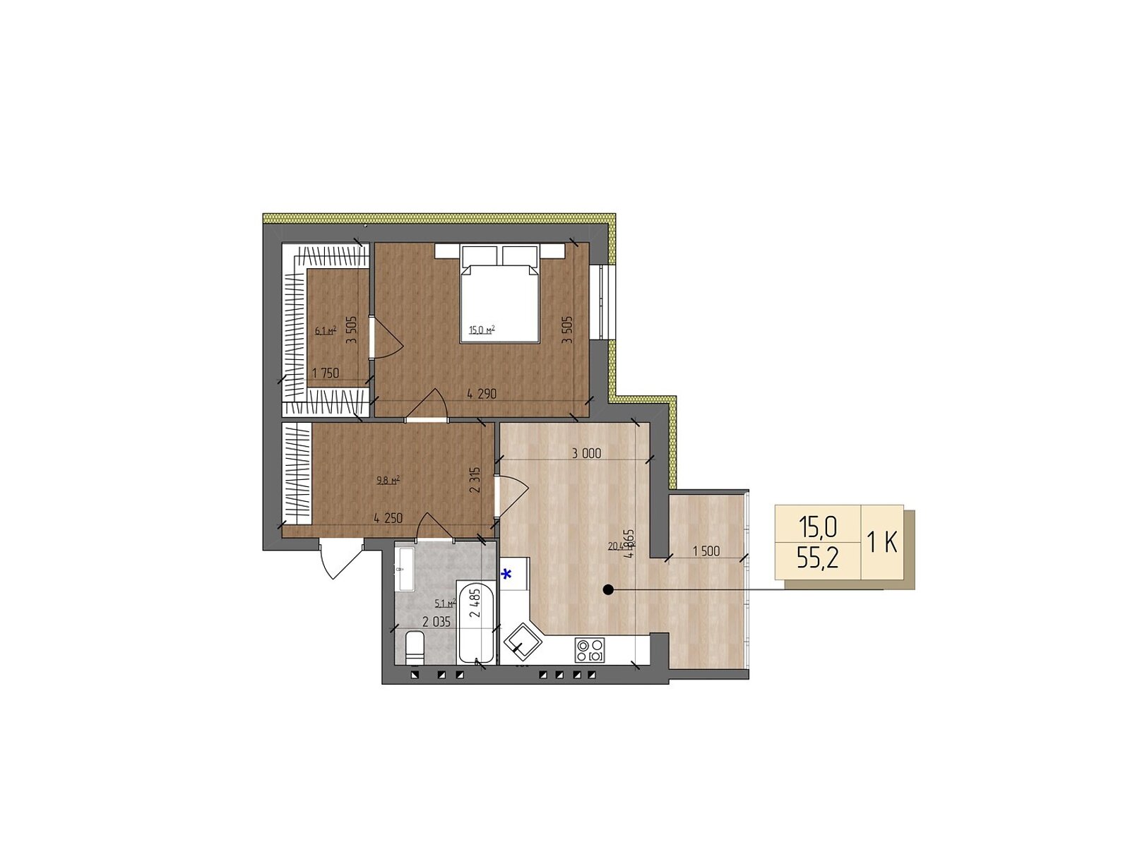 1 КІМ. КВАРТИРА, ПЛОЩА - 55.2 м², ЦІНА - 55 200 $
, вул. Євгена Патона