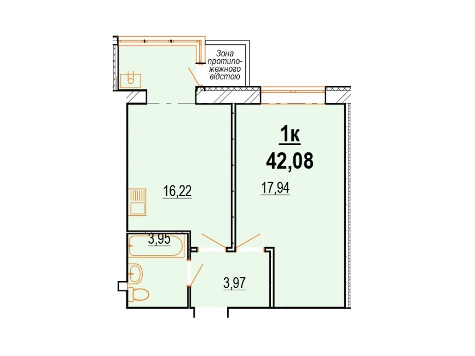 1 КІМ. КВАРТИРА, ПЛОЩА - 43.6 м², ЦІНА - 39 779 $
, вул. Костя Широцького