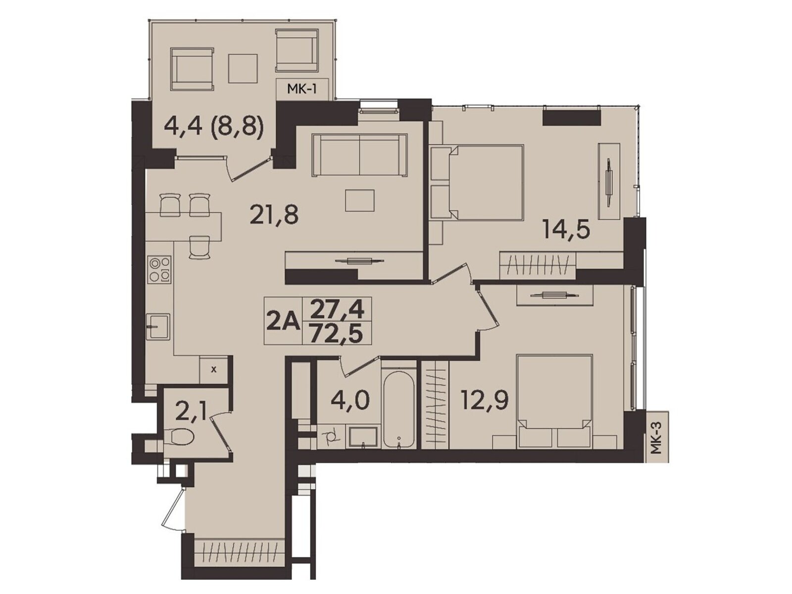 2 КІМ. КВАРТИРА, ПЛОЩА - 72.5 м², ЦІНА - 72 500 $
, вул. Келецька