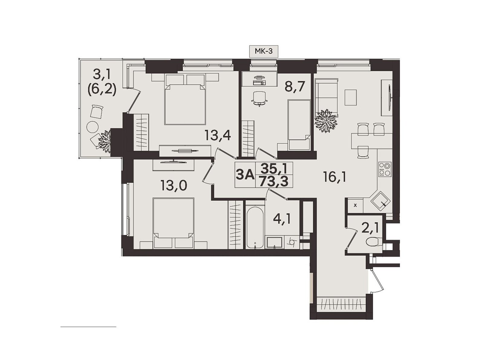 Обʼєкт нерухомості: 3 КІМ. КВАРТИРА, ПЛОЩА - 73.2 м², ЦІНА - 73 200 $
, вул. Келецька — HUBTRUST, Вінниця