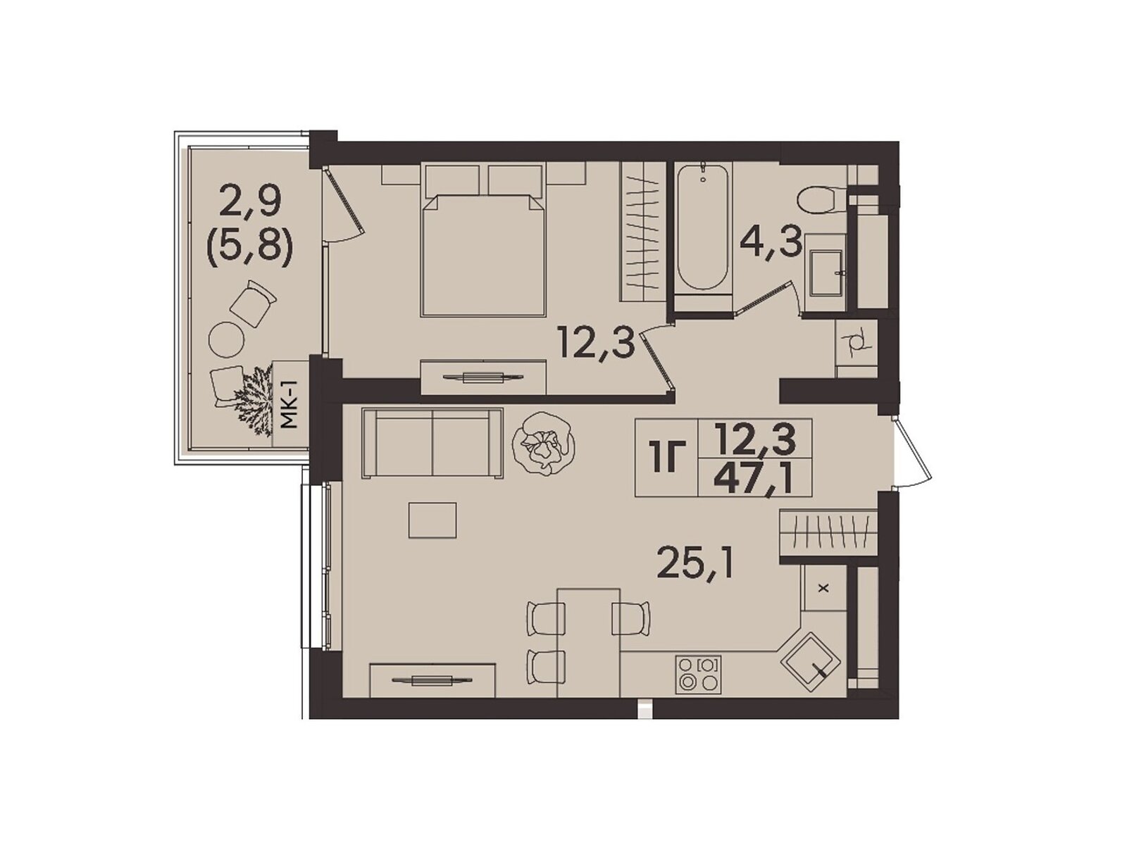 1 КІМ. КВАРТИРА, ПЛОЩА - 47.1 м², ЦІНА - 47 100 $
, вул. Келецька