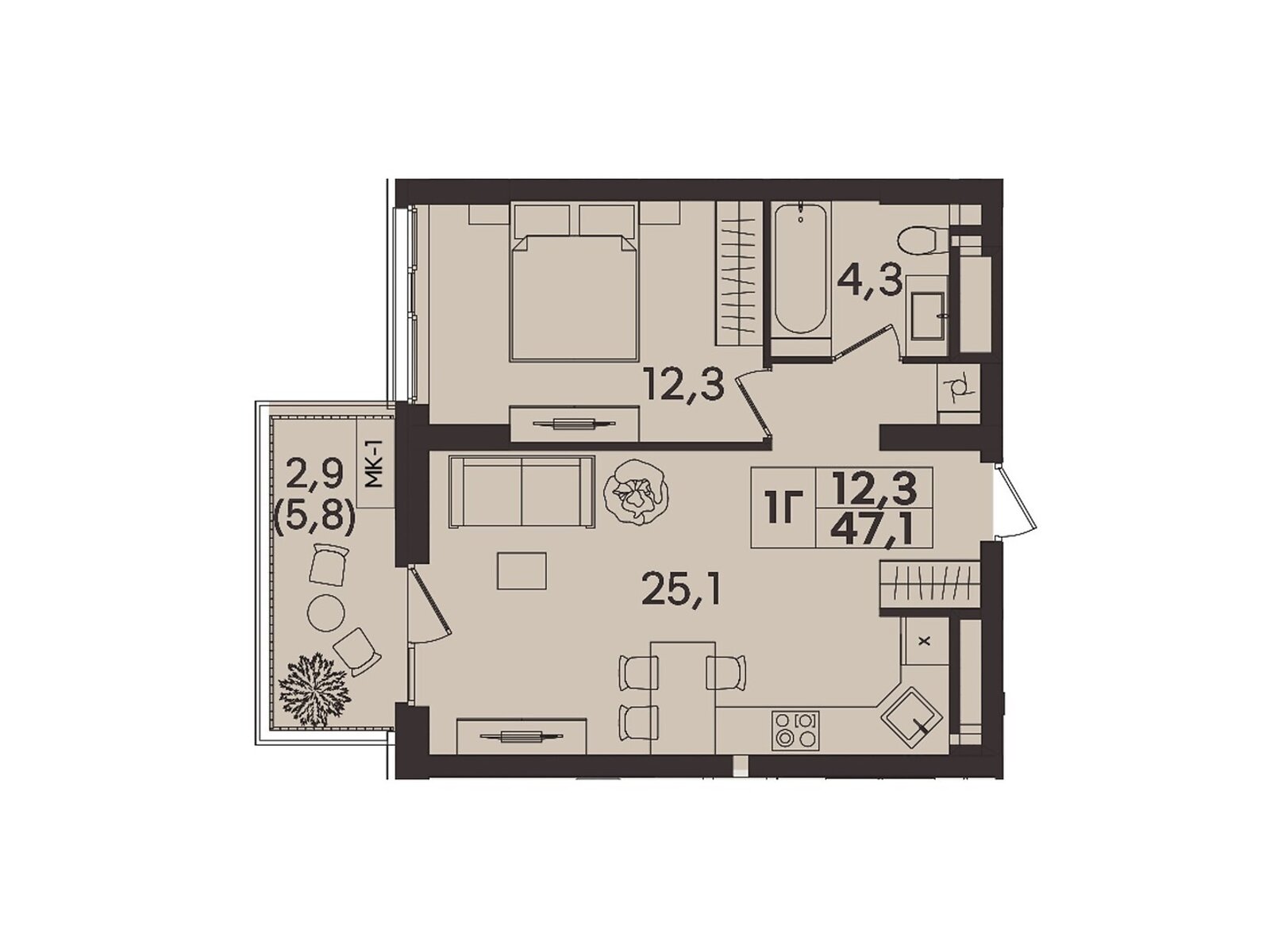 1 КІМ. КВАРТИРА, ПЛОЩА - 47.1 м², ЦІНА - 47 100 $
, вул. Келецька