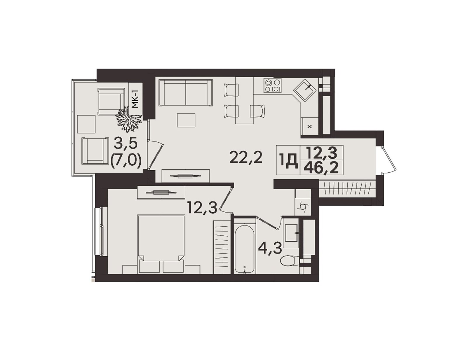 1 КІМ. КВАРТИРА, ПЛОЩА - 46.2 м², ЦІНА - 46 200 $
, вул. Келецька