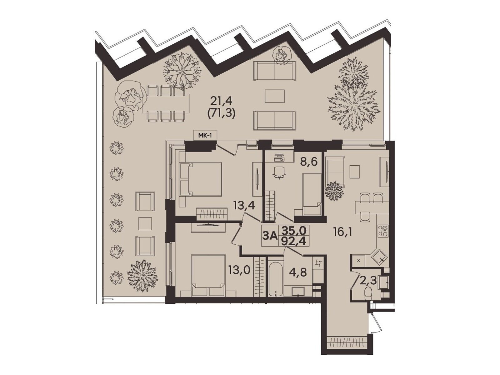 3 КІМ. КВАРТИРА, ПЛОЩА - 92.4 м², ЦІНА - 92 400 $
, вул. Келецька