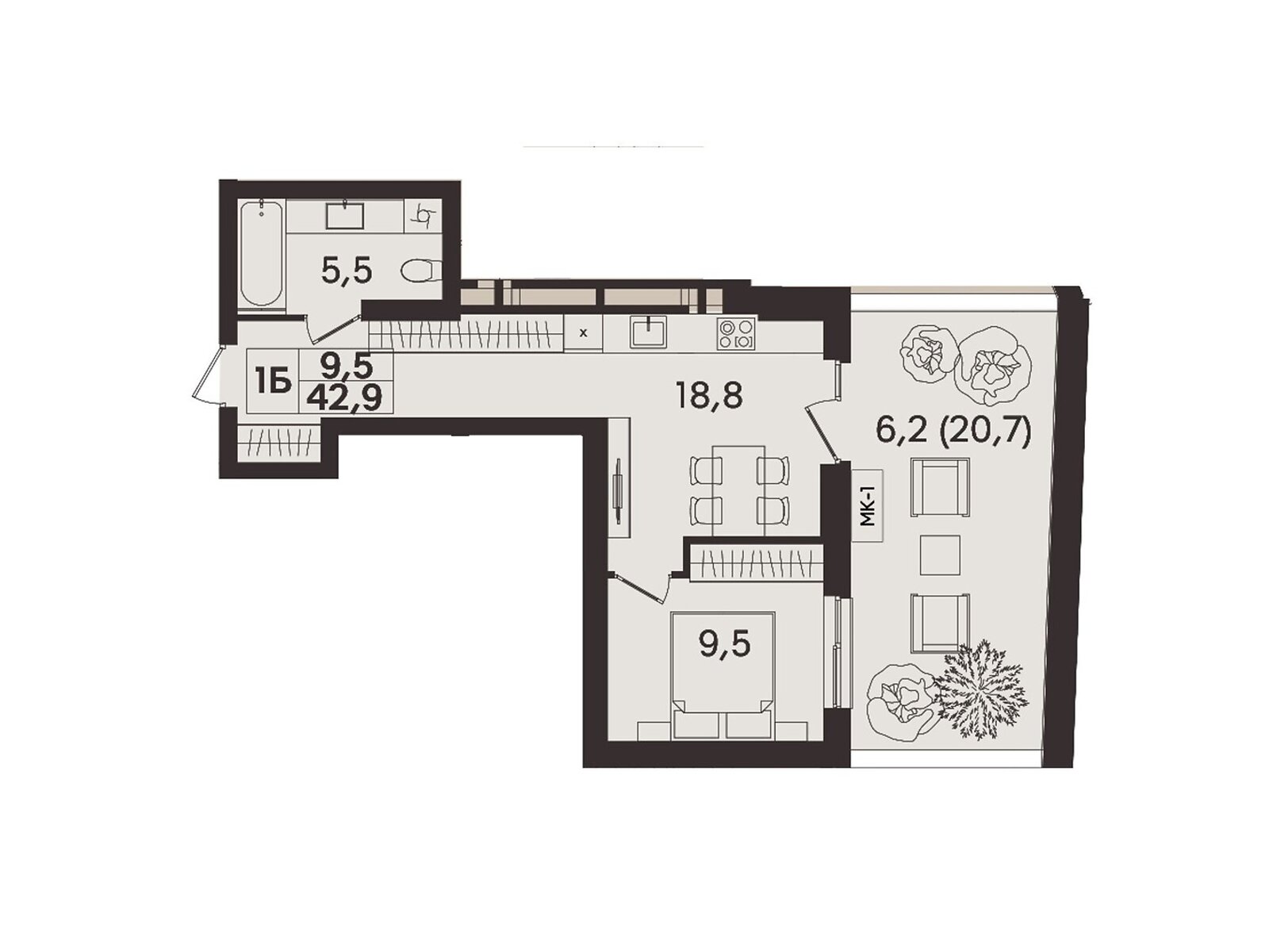1 КІМ. КВАРТИРА, ПЛОЩА - 42.9 м², ЦІНА - 42 900 $
, вул. Келецька