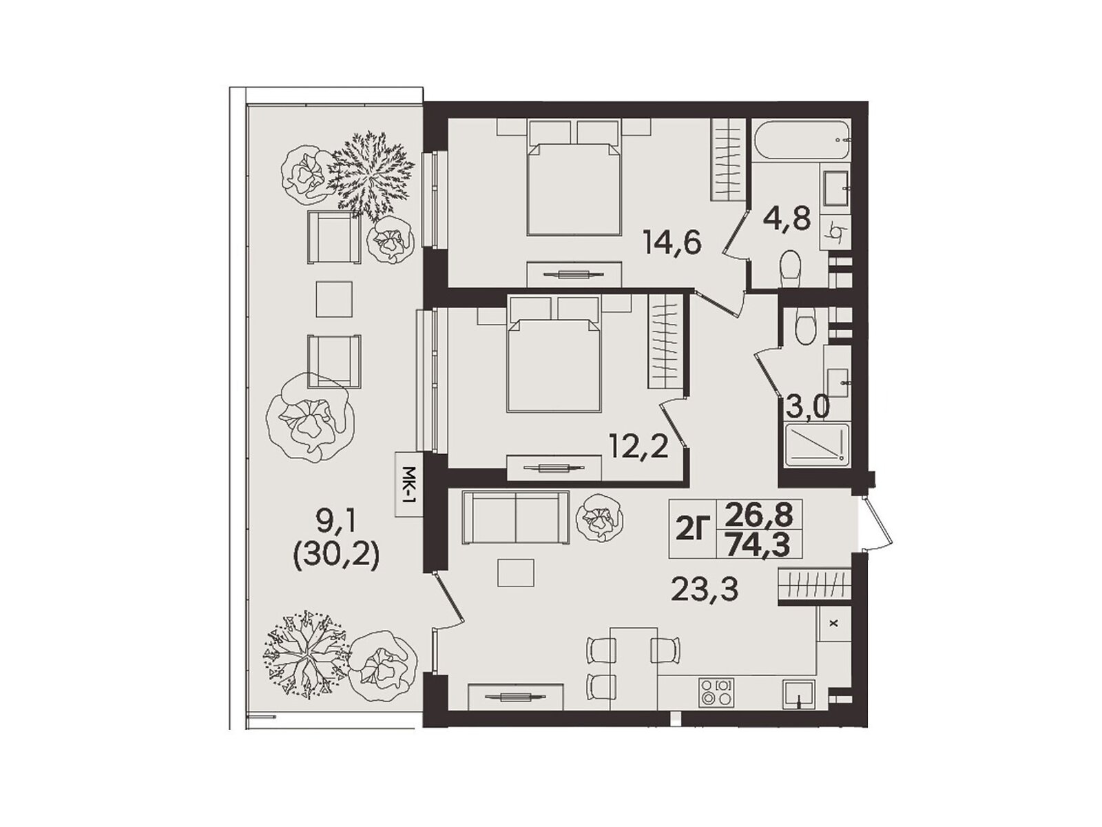 2 КІМ. КВАРТИРА, ПЛОЩА - 74.3 м², ЦІНА - 74 300 $
, вул. Келецька