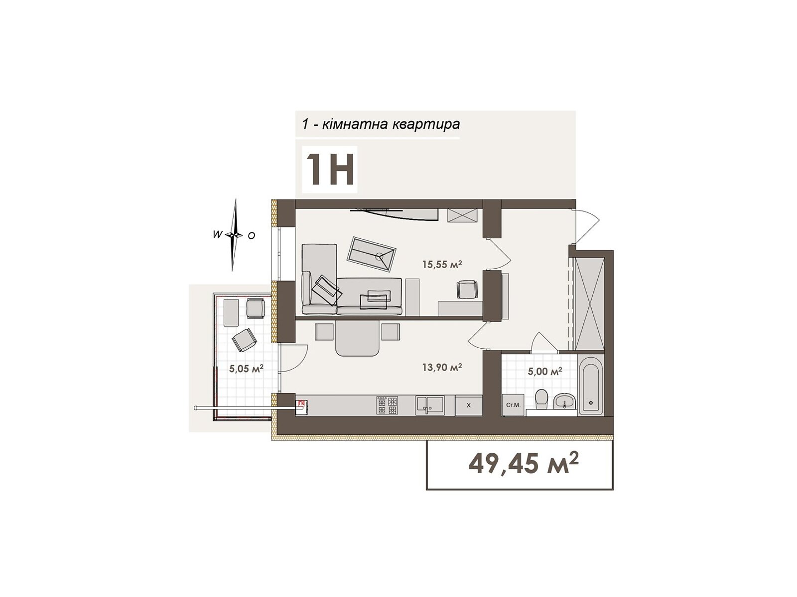 1 КІМ. КВАРТИРА, ПЛОЩА - 49.45 м², ЦІНА - 46 977 $
, вул. Стрілецька