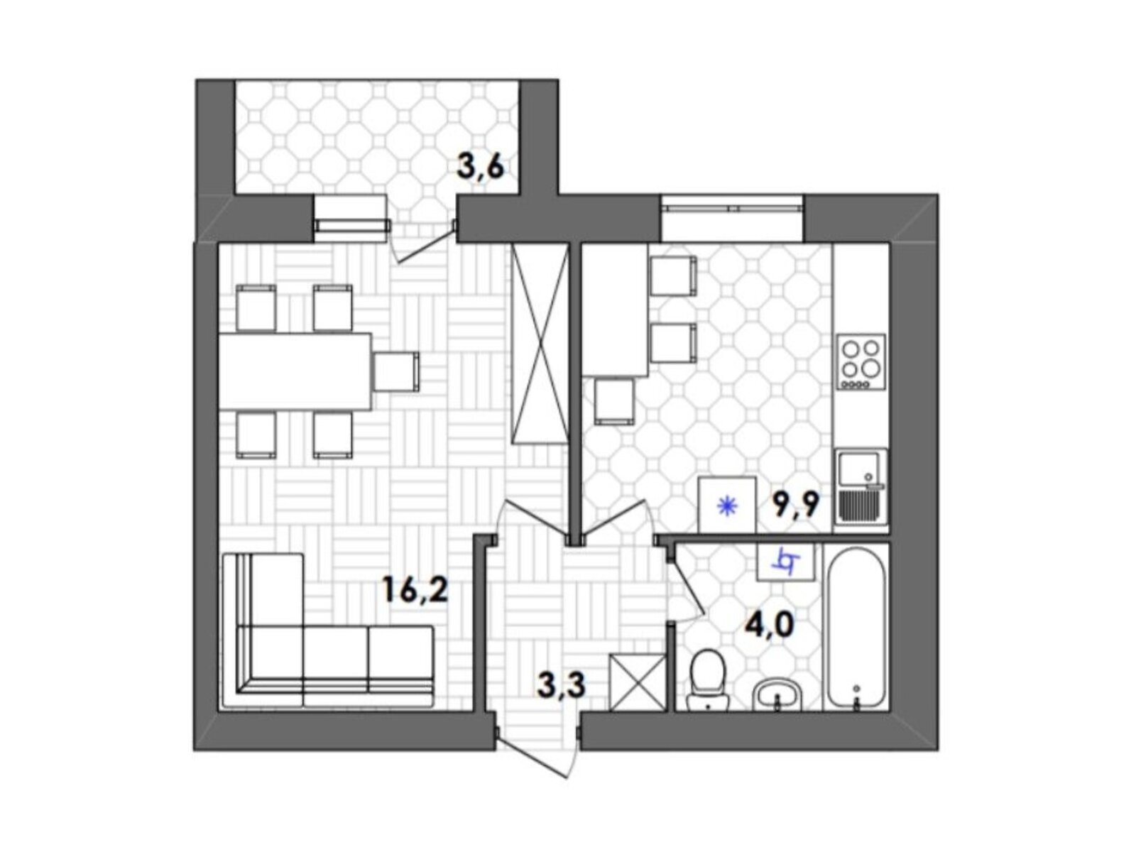 1 КІМ. КВАРТИРА, ПЛОЩА - 35.1 м², ЦІНА - 23 344 $
, Тиврівське шосе