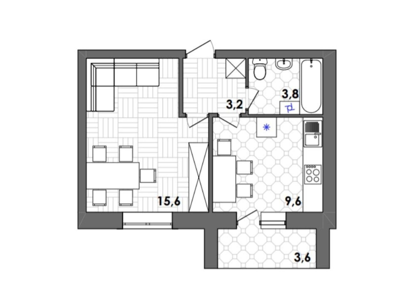 1 КІМ. КВАРТИРА, ПЛОЩА - 34 м², ЦІНА - 22 613 $
, Тиврівське шосе