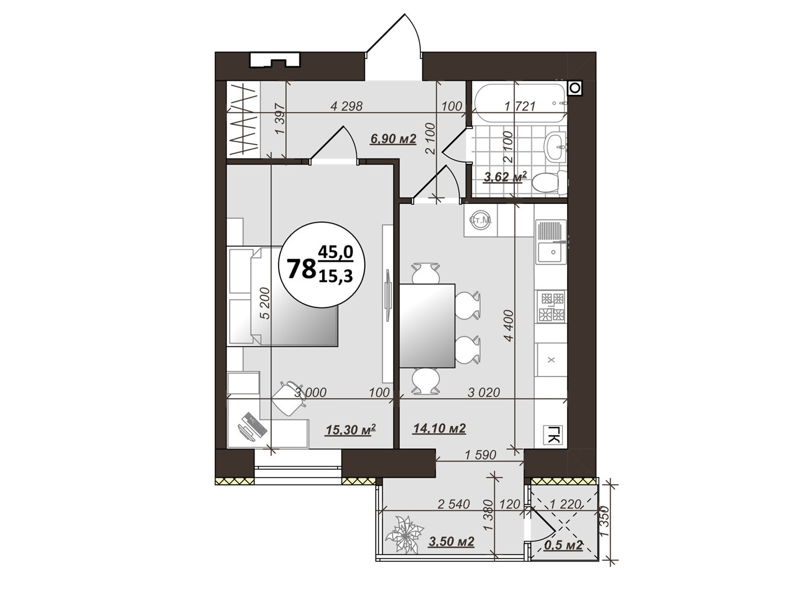 1 КІМ. КВАРТИРА, ПЛОЩА - 45 м², ЦІНА - 35 315 $
, вул. Сергія Зулінського