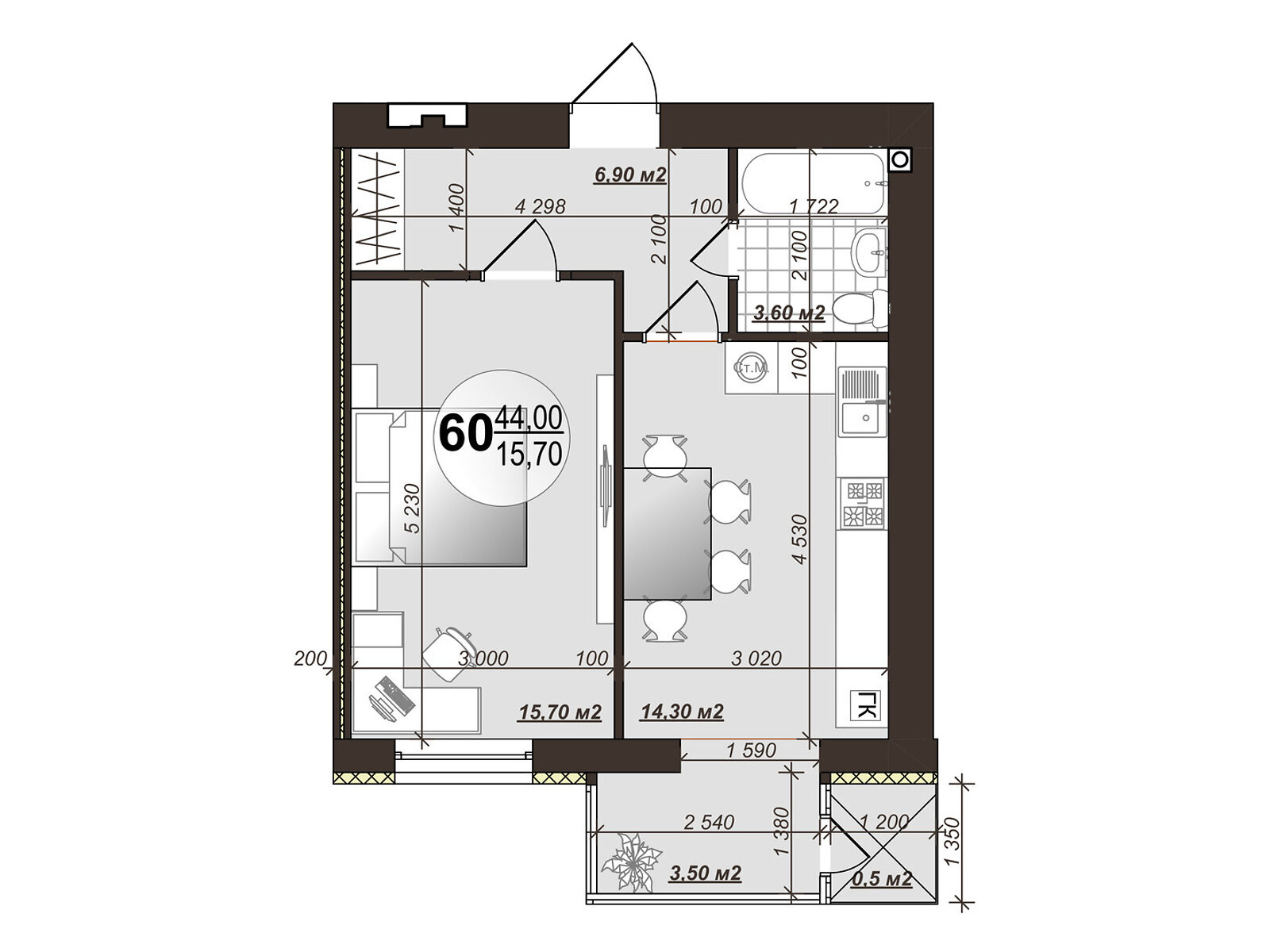 1 КІМ. КВАРТИРА, ПЛОЩА - 45 м², ЦІНА - 37 348 $
, вул. Сергія Зулінського