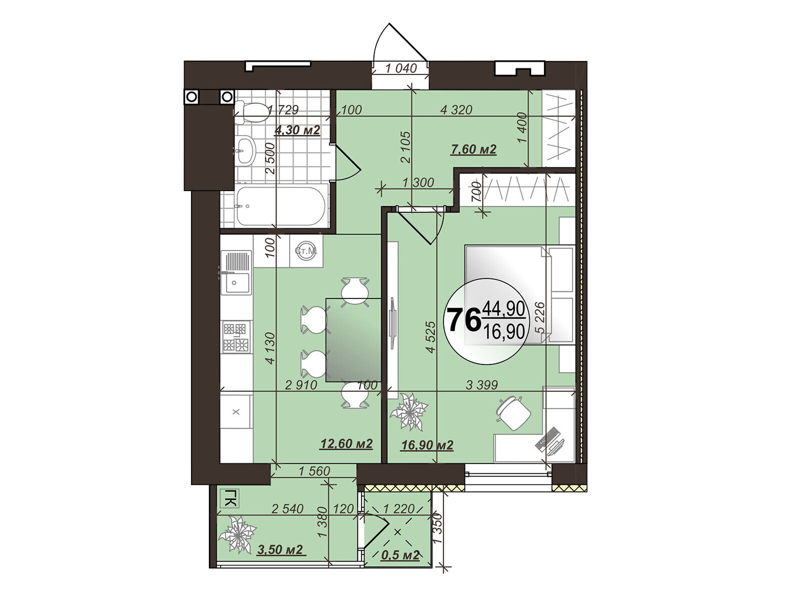 1 КІМ. КВАРТИРА, ПЛОЩА - 45.9 м², ЦІНА - 38 141 $
, вул. Сергія Зулінського