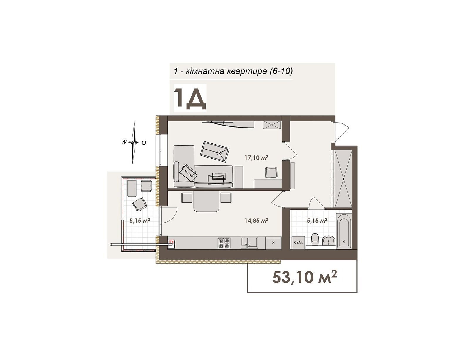 1 КІМ. КВАРТИРА, ПЛОЩА - 53.1 м², ЦІНА - 50 445 $
, вул. Стрілецька