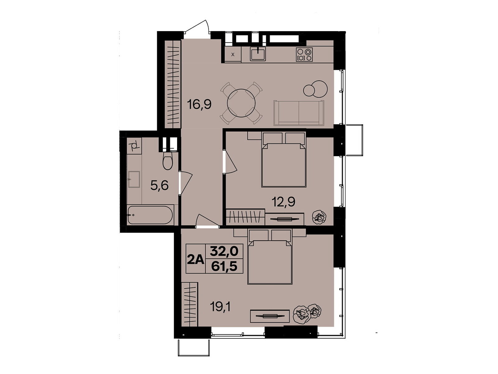 Обʼєкт нерухомості: 2 КІМ. КВАРТИРА, ПЛОЩА - 61.5 м², ЦІНА - 67 650 $
, пров. Цегельний — HUBTRUST, Вінниця