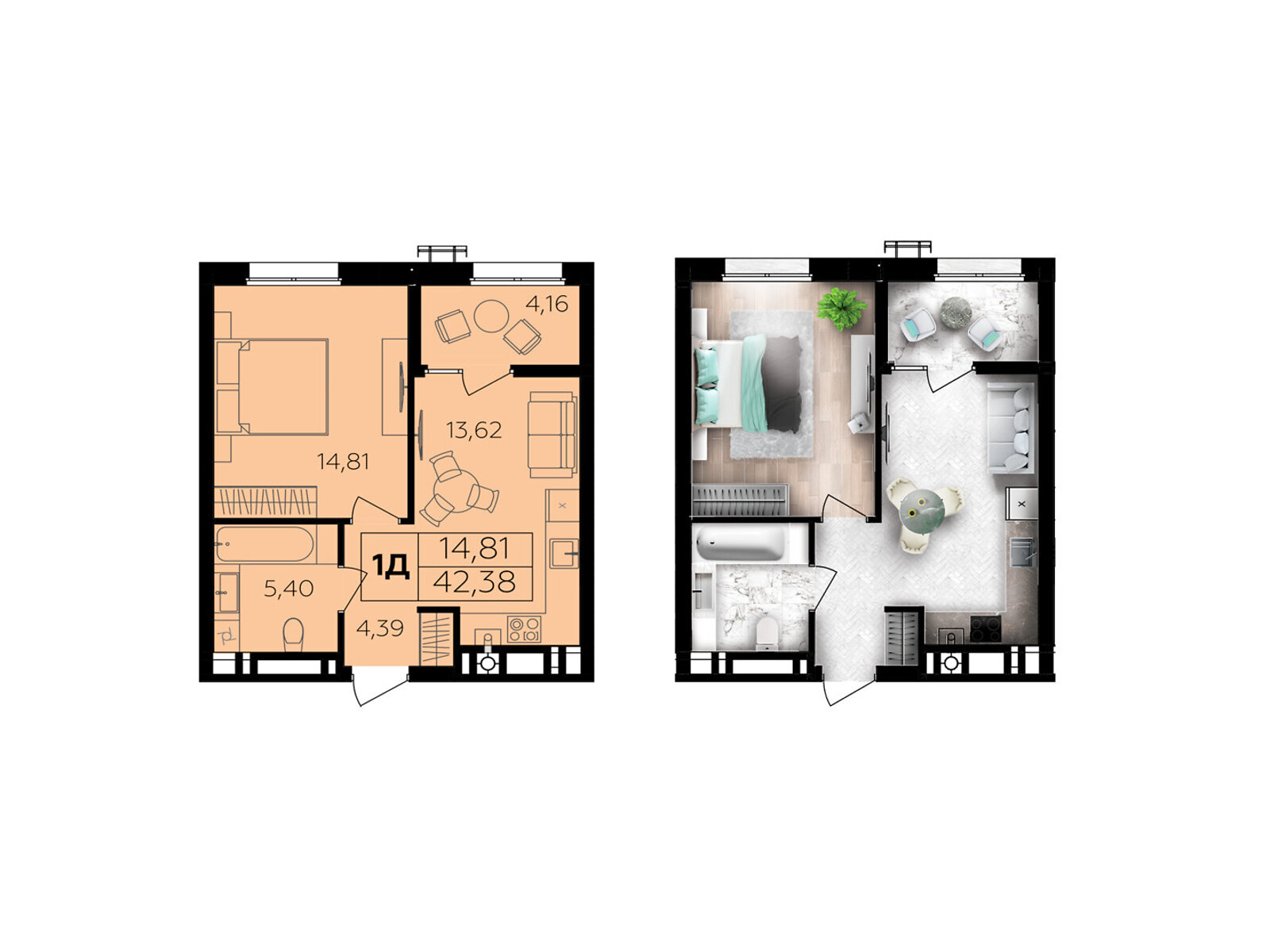 1 КІМ. КВАРТИРА, ПЛОЩА - 42.38 м², ЦІНА - 36 659 $
, Немирівське шосе