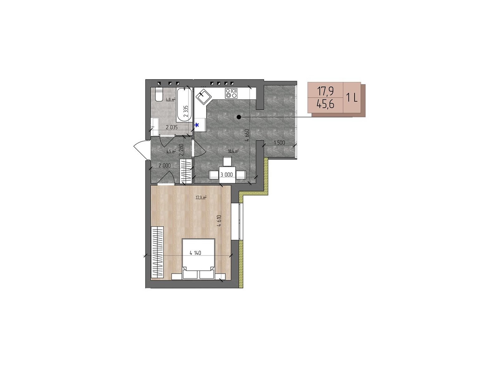 1 КІМ. КВАРТИРА, ПЛОЩА - 45.6 м², ЦІНА - 45 600 $
, вул. Євгена Патона