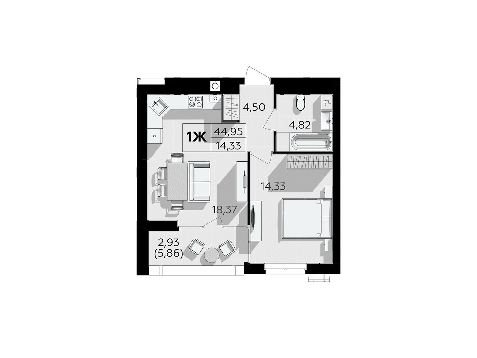 1 КІМ. КВАРТИРА, ПЛОЩА - 44.95 м², ЦІНА - 40 680 $
, Немирівське шосе