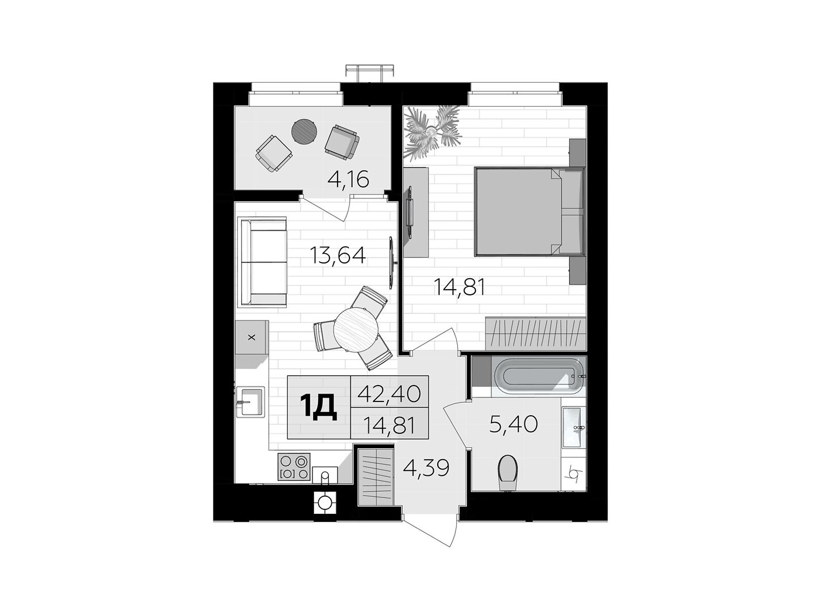 1 КІМ. КВАРТИРА, ПЛОЩА - 42.4 м², ЦІНА - 37 948 $
, Немирівське шосе