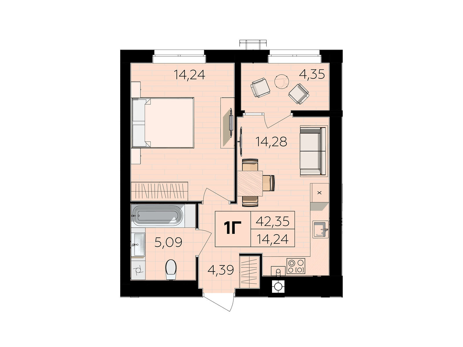 1 КІМ. КВАРТИРА, ПЛОЩА - 42.35 м², ЦІНА - 37 903 $
, Немирівське шосе