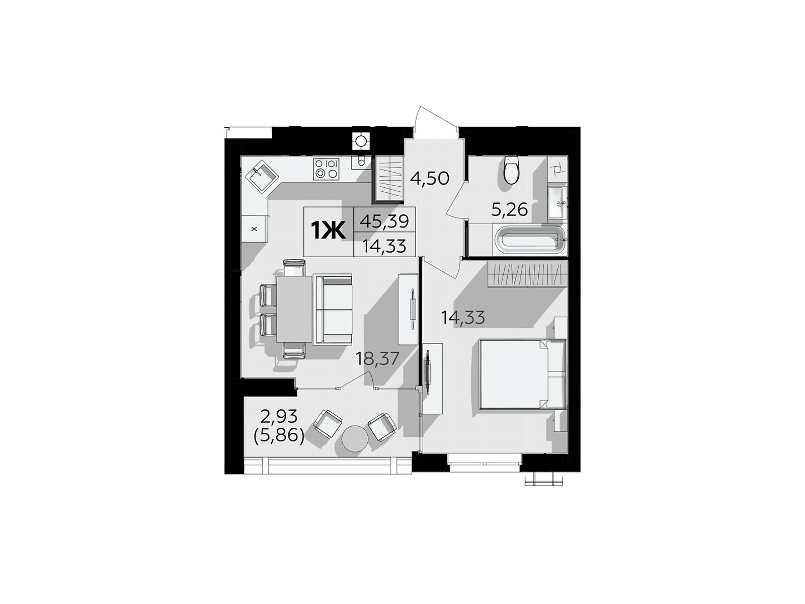 1 КІМ. КВАРТИРА, ПЛОЩА - 45.39 м², ЦІНА - 41 305 $
, Немирівське шосе