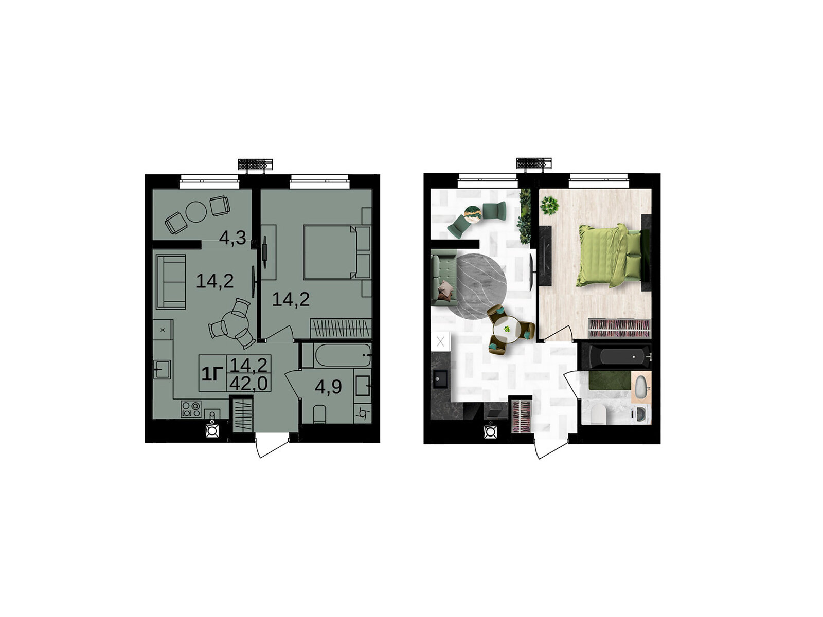 1 КІМ. КВАРТИРА, ПЛОЩА - 42 м², ЦІНА - 43 260 $
, вул. Праведників світу(Максимовича)