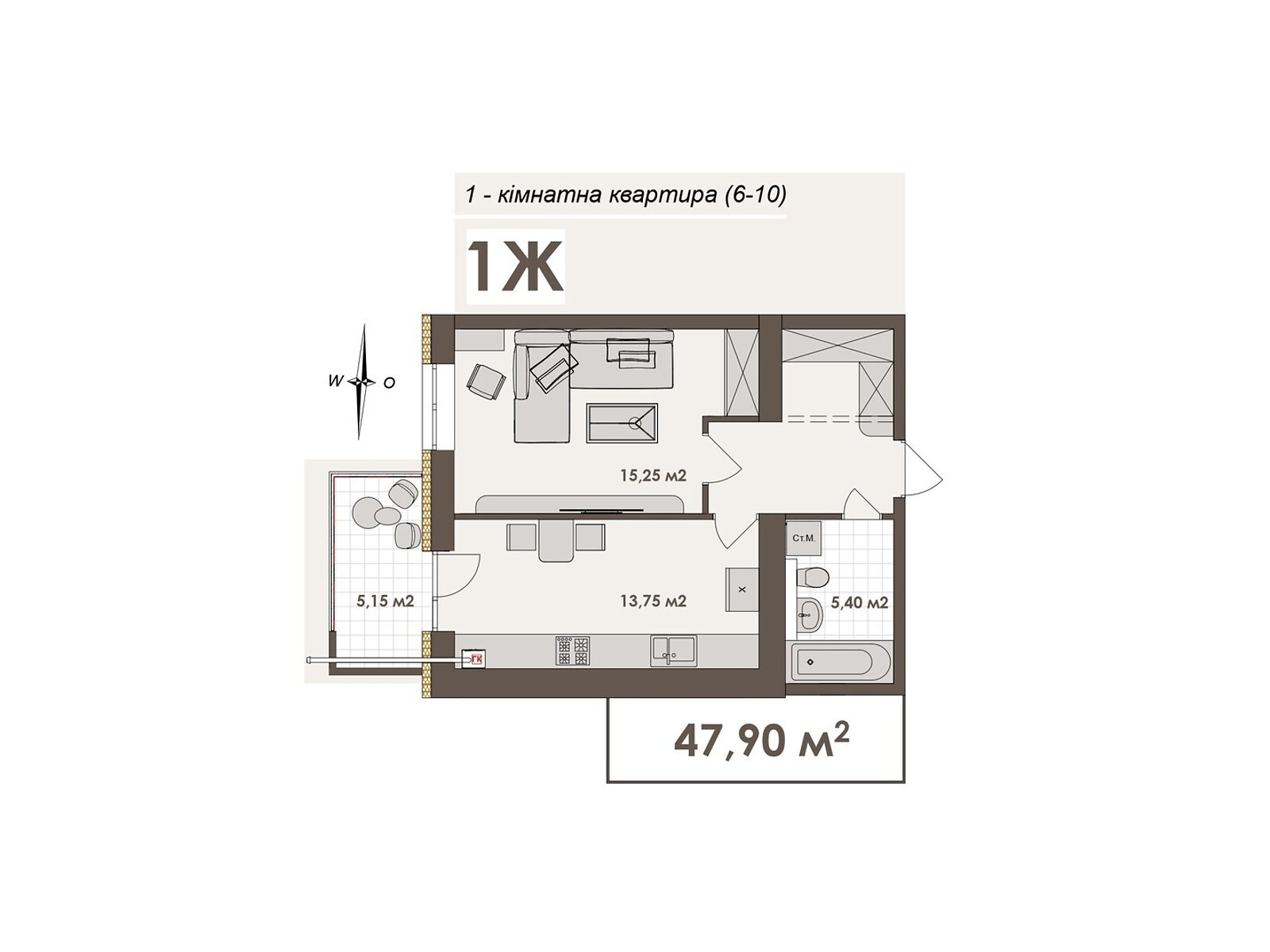 1 КІМ. КВАРТИРА, ПЛОЩА - 47.9 м², ЦІНА - 44 547 $
, вул. Стрілецька