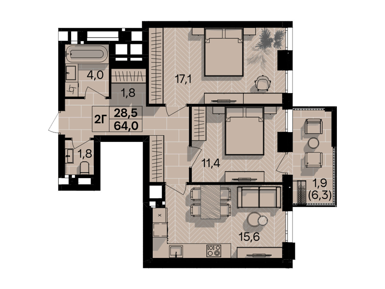 2 КІМ. КВАРТИРА, ПЛОЩА - 64 м², ЦІНА - 70 400 $
, пров. Цегельний