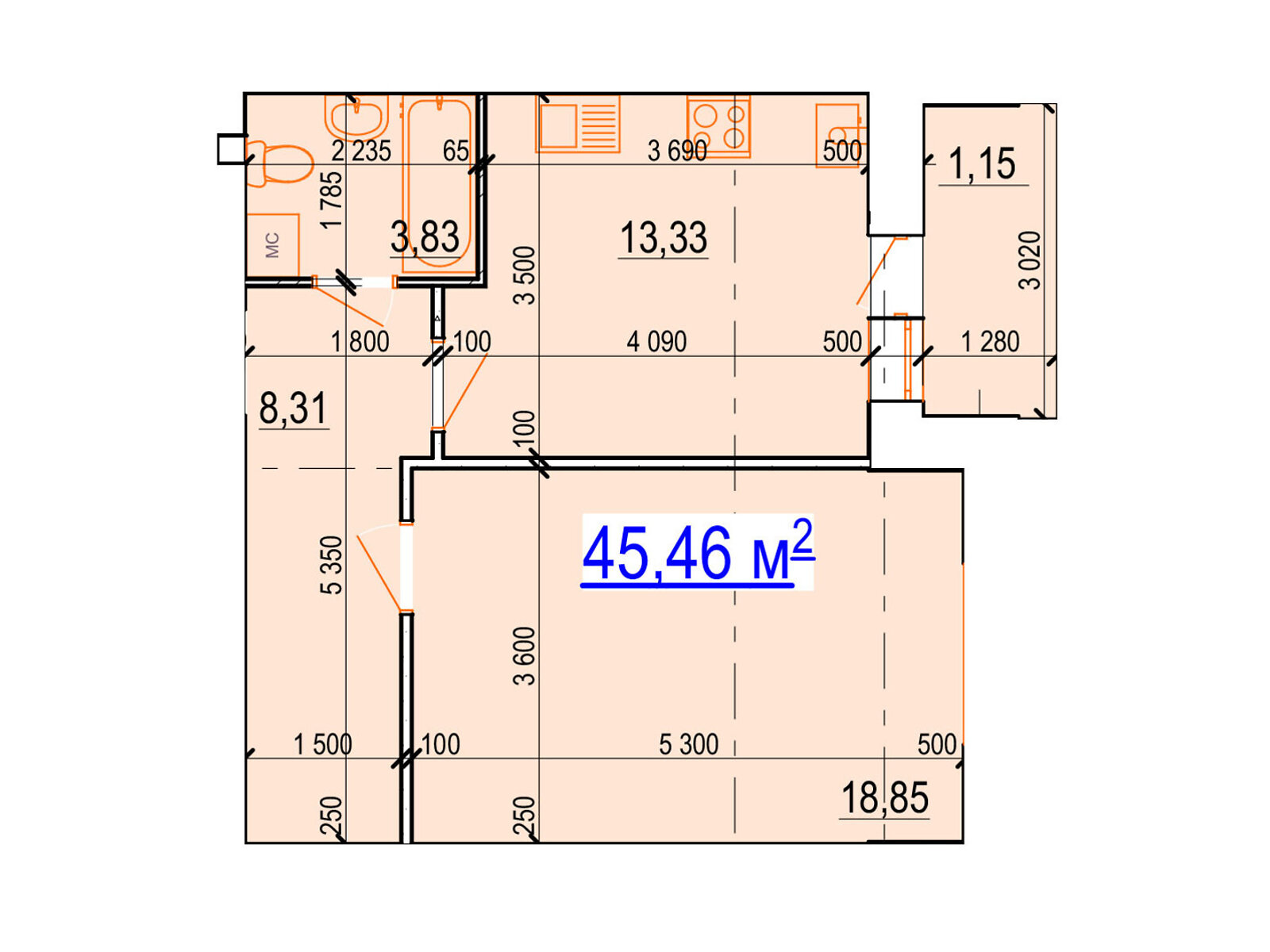 1 КІМ. КВАРТИРА, ПЛОЩА - 45.46 м², ЦІНА - 44 713 $
, 4-й пров. Леоніда Каденюка(Комарова)