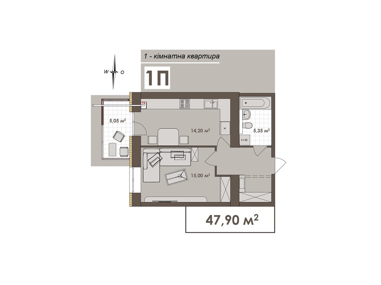 1 КІМ. КВАРТИРА, ПЛОЩА - 47.9 м², ЦІНА - 47 900 $
, вул. Стрілецька