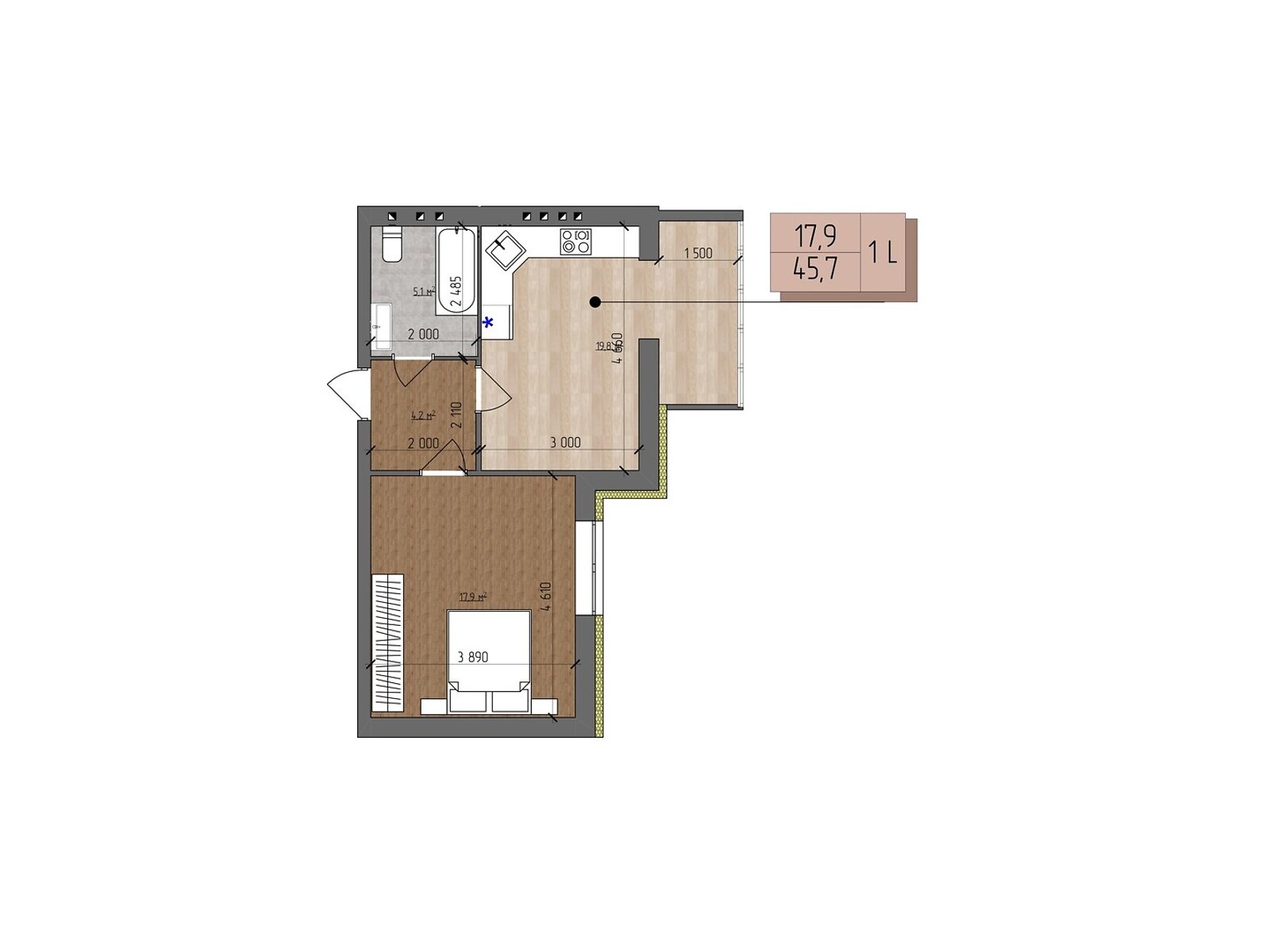 1 КІМ. КВАРТИРА, ПЛОЩА - 45.7 м², ЦІНА - 45 700 $
, вул. Євгена Патона