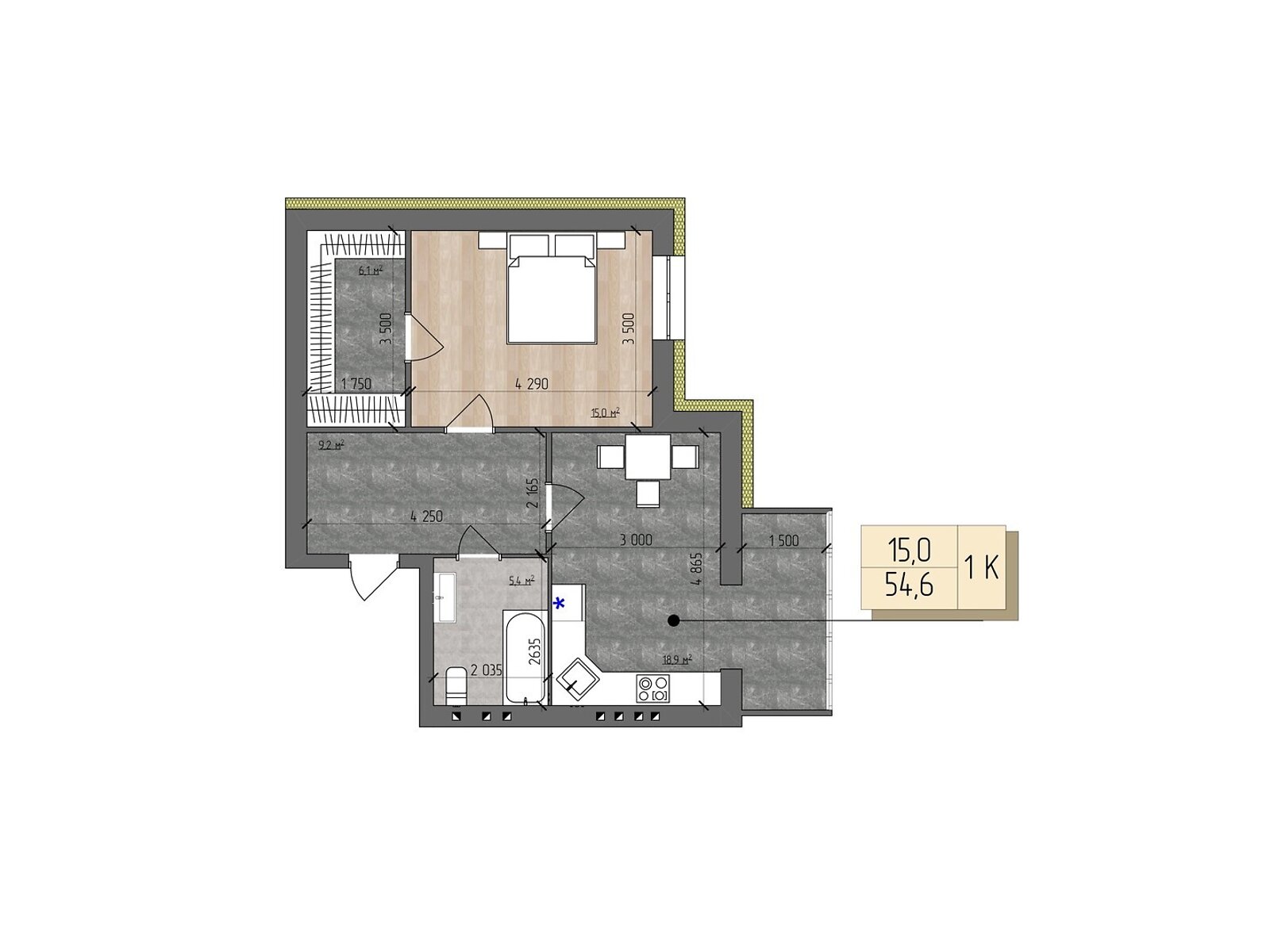 1 КІМ. КВАРТИРА, ПЛОЩА - 54.6 м², ЦІНА - 54 600 $
, вул. Євгена Патона