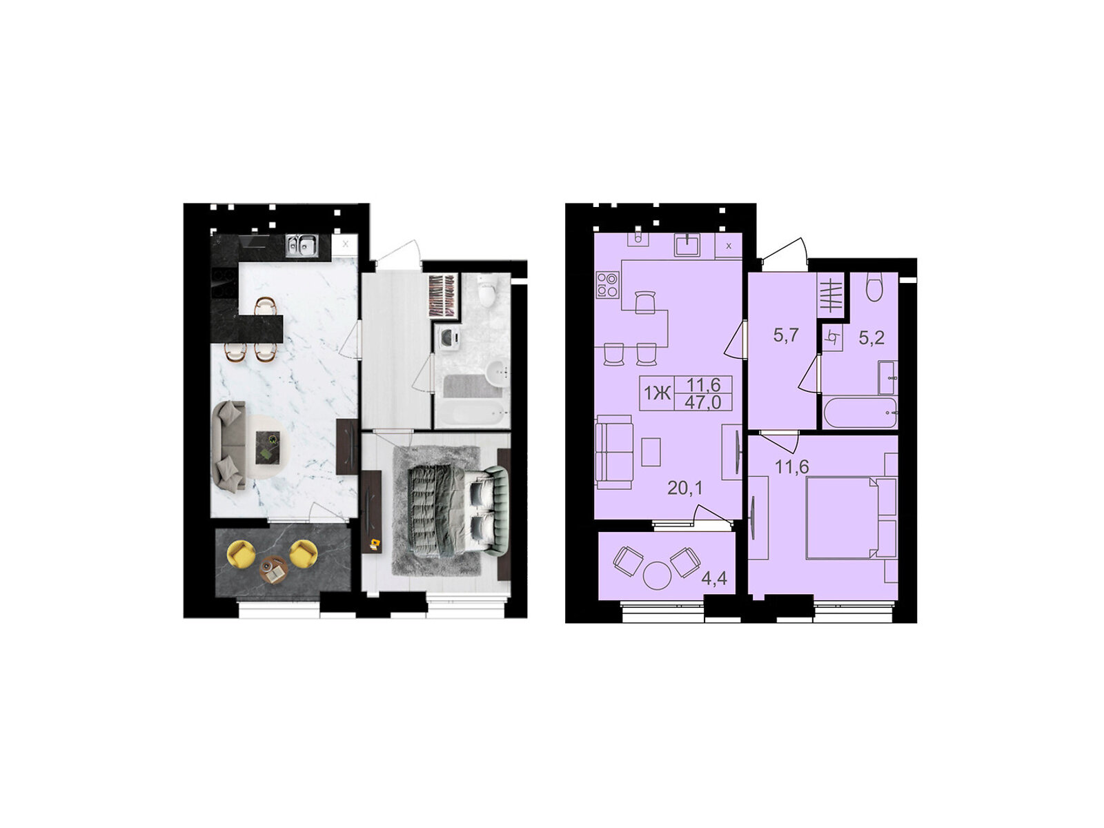 1 КІМ. КВАРТИРА, ПЛОЩА - 47 м², ЦІНА - 45 120 $
, вул. Левка Лук’яненка(Ватутіна)