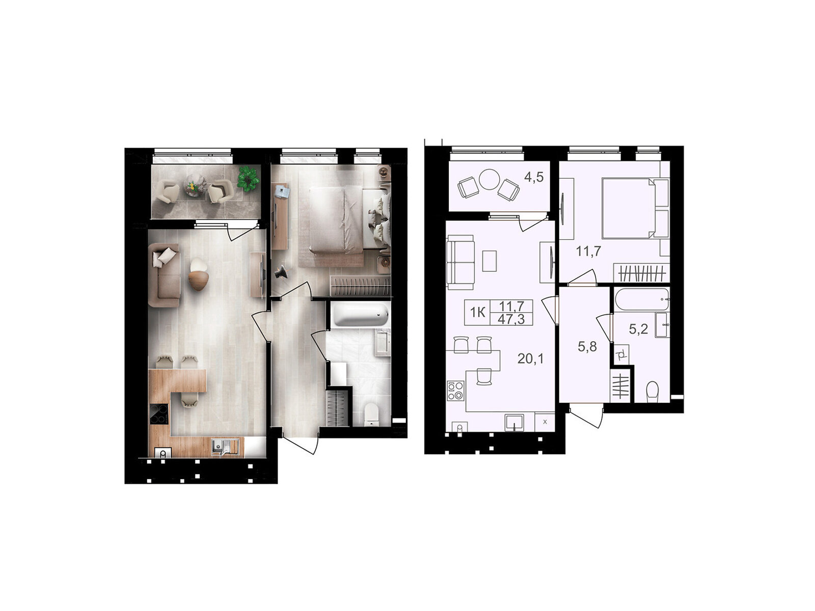 1 КІМ. КВАРТИРА, ПЛОЩА - 47.3 м², ЦІНА - 43 989 $
, вул. Левка Лук’яненка(Ватутіна)