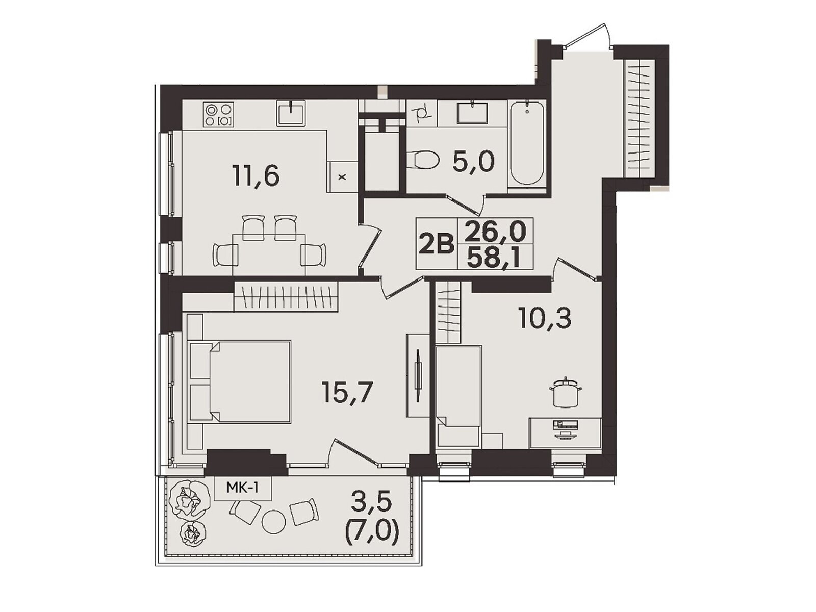2 КІМ. КВАРТИРА, ПЛОЩА - 58.1 м², ЦІНА - 58 100 $
, вул. Келецька