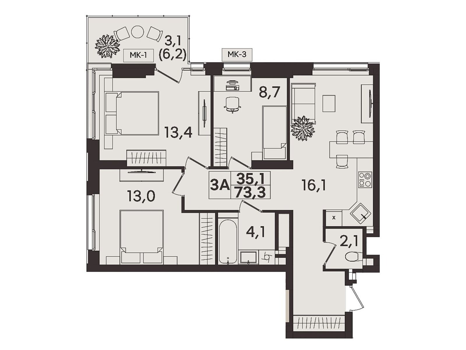3 КІМ. КВАРТИРА, ПЛОЩА - 73.3 м², ЦІНА - 73 300 $
, вул. Келецька