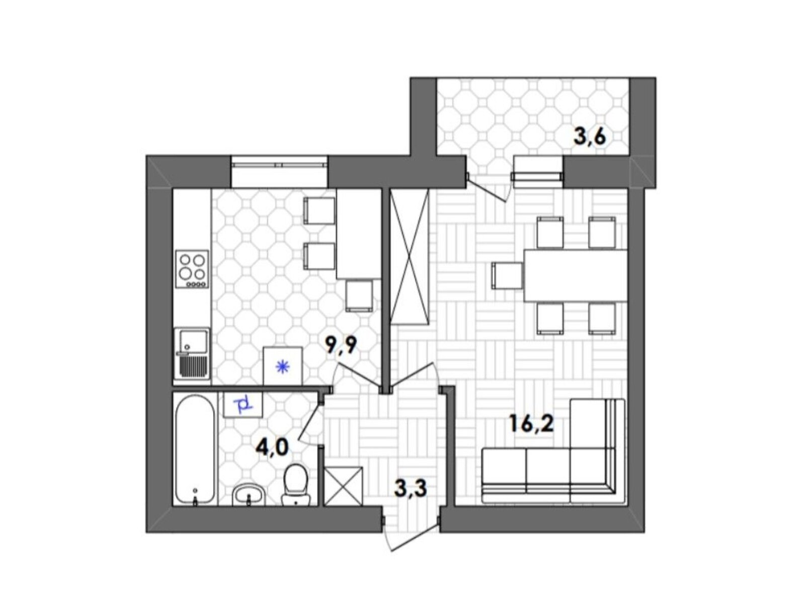 1 КІМ. КВАРТИРА, ПЛОЩА - 35.1 м², ЦІНА - 23 456 $
, Тиврівське шосе