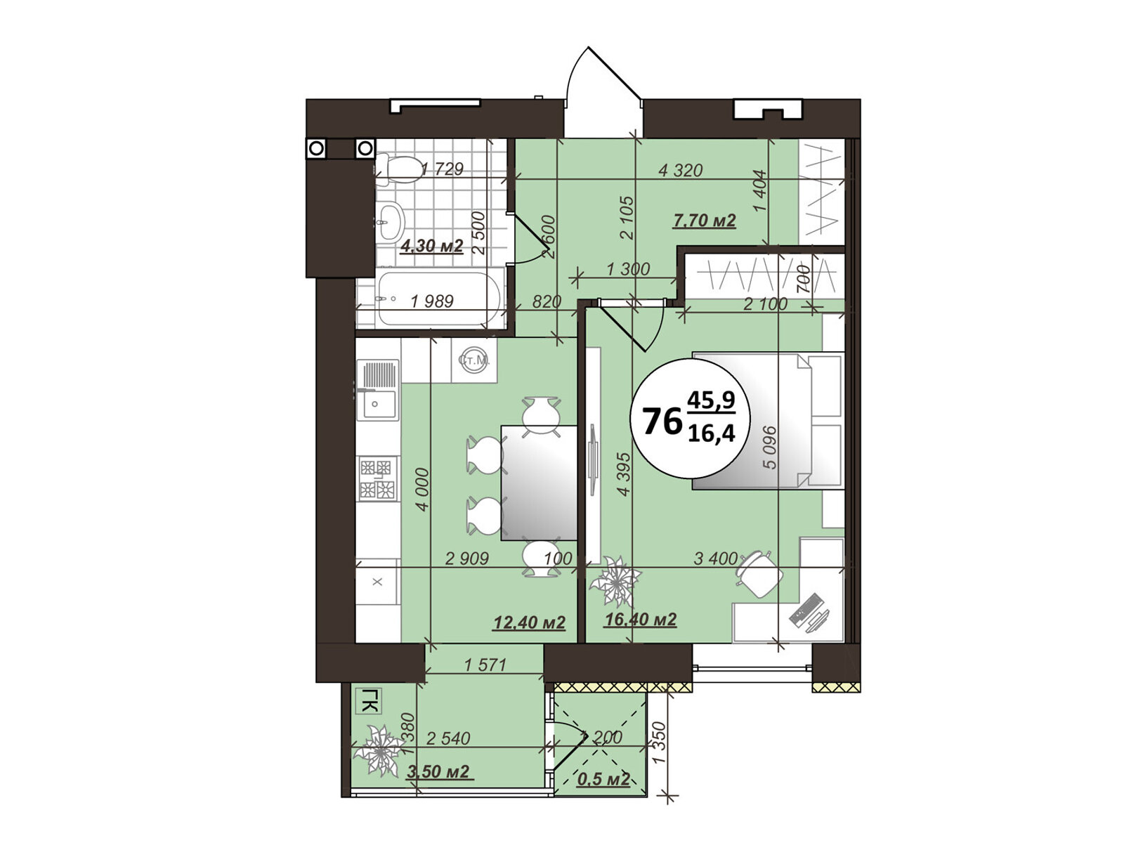 1 КІМ. КВАРТИРА, ПЛОЩА - 45.9 м², ЦІНА - 36 107 $
, вул. Сергія Зулінського
