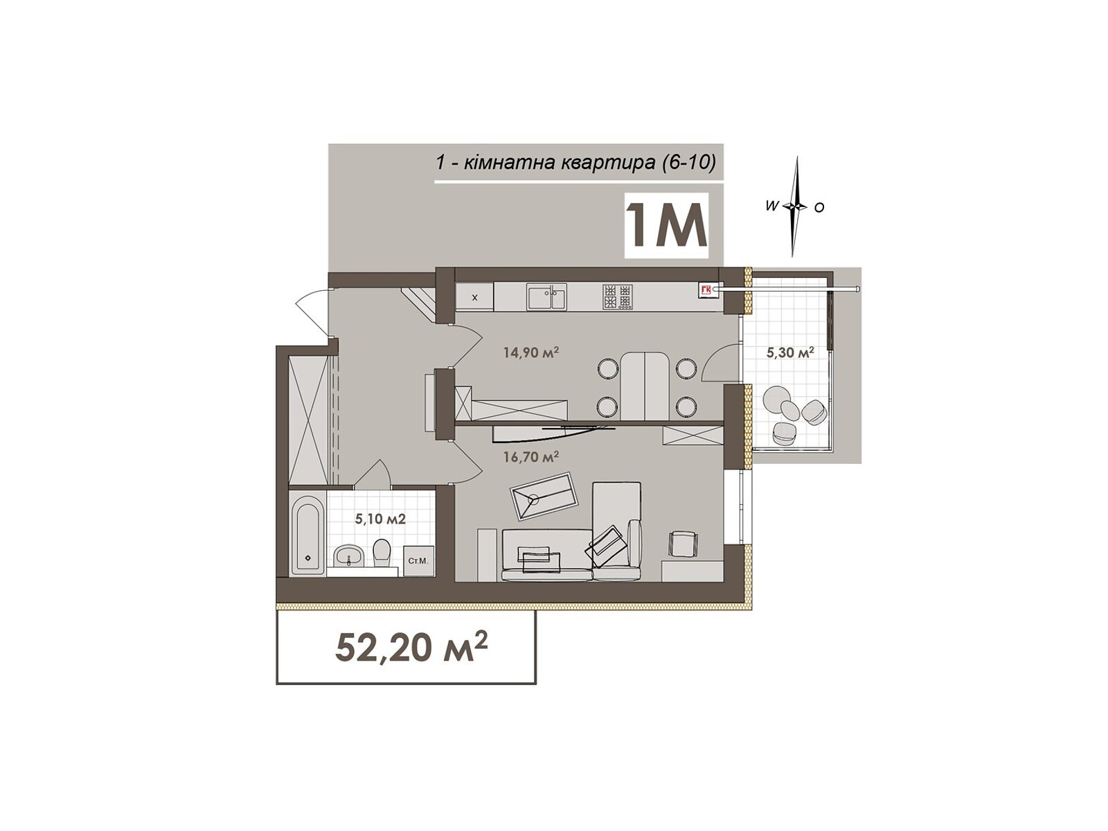 1 КІМ. КВАРТИРА, ПЛОЩА - 52.2 м², ЦІНА - 47 502 $
, вул. Стрілецька