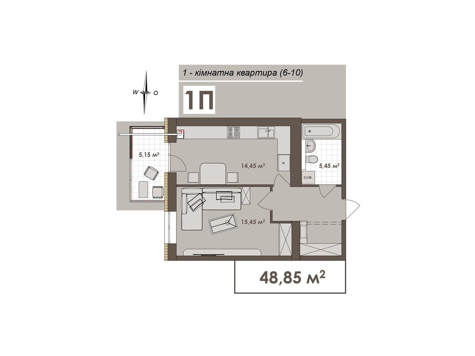 1 КІМ. КВАРТИРА, ПЛОЩА - 48.85 м², ЦІНА - 45 430 $
, вул. Стрілецька