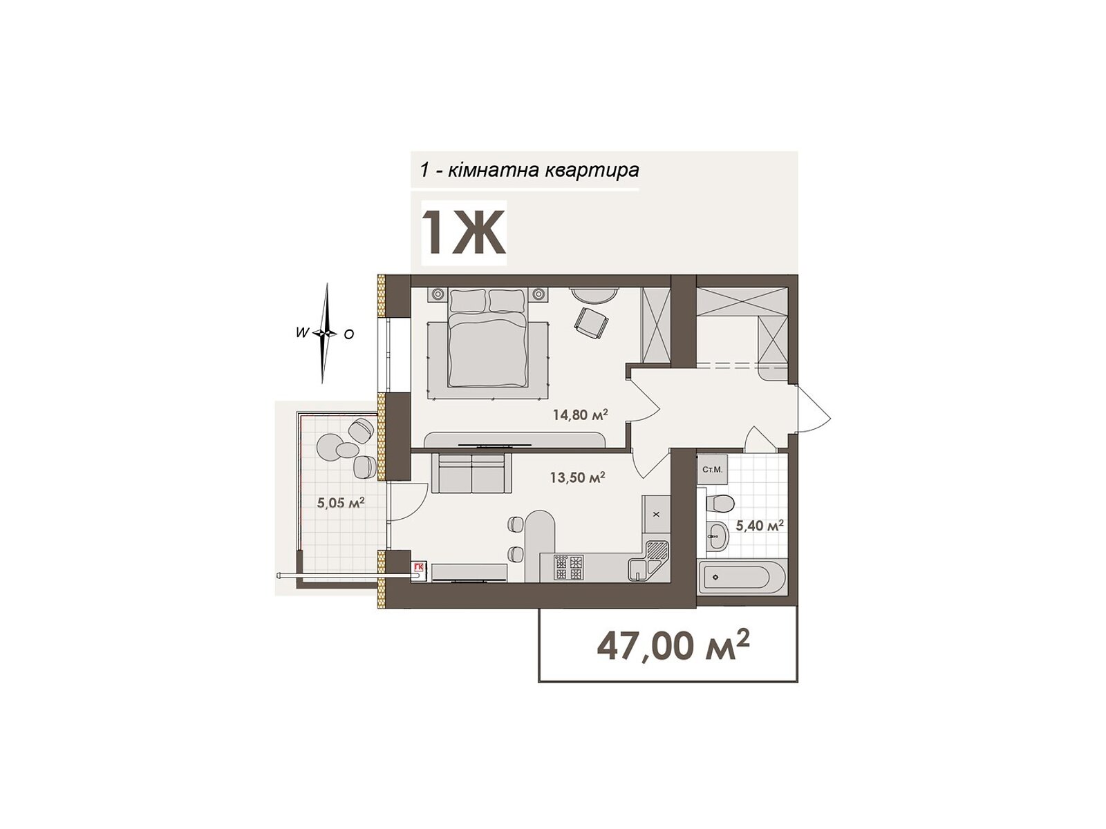 1 КІМ. КВАРТИРА, ПЛОЩА - 47 м², ЦІНА - 47 000 $
, вул. Стрілецька