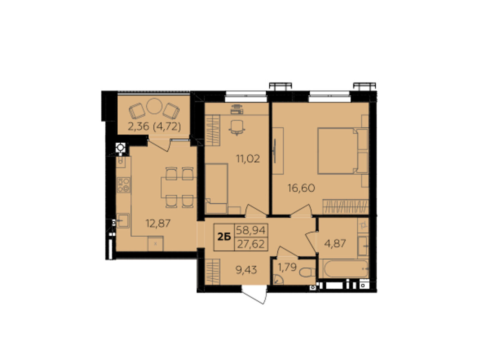 2 КІМ. КВАРТИРА, ПЛОЩА - 58.94 м², ЦІНА - 51 867 $
, Немирівське шосе