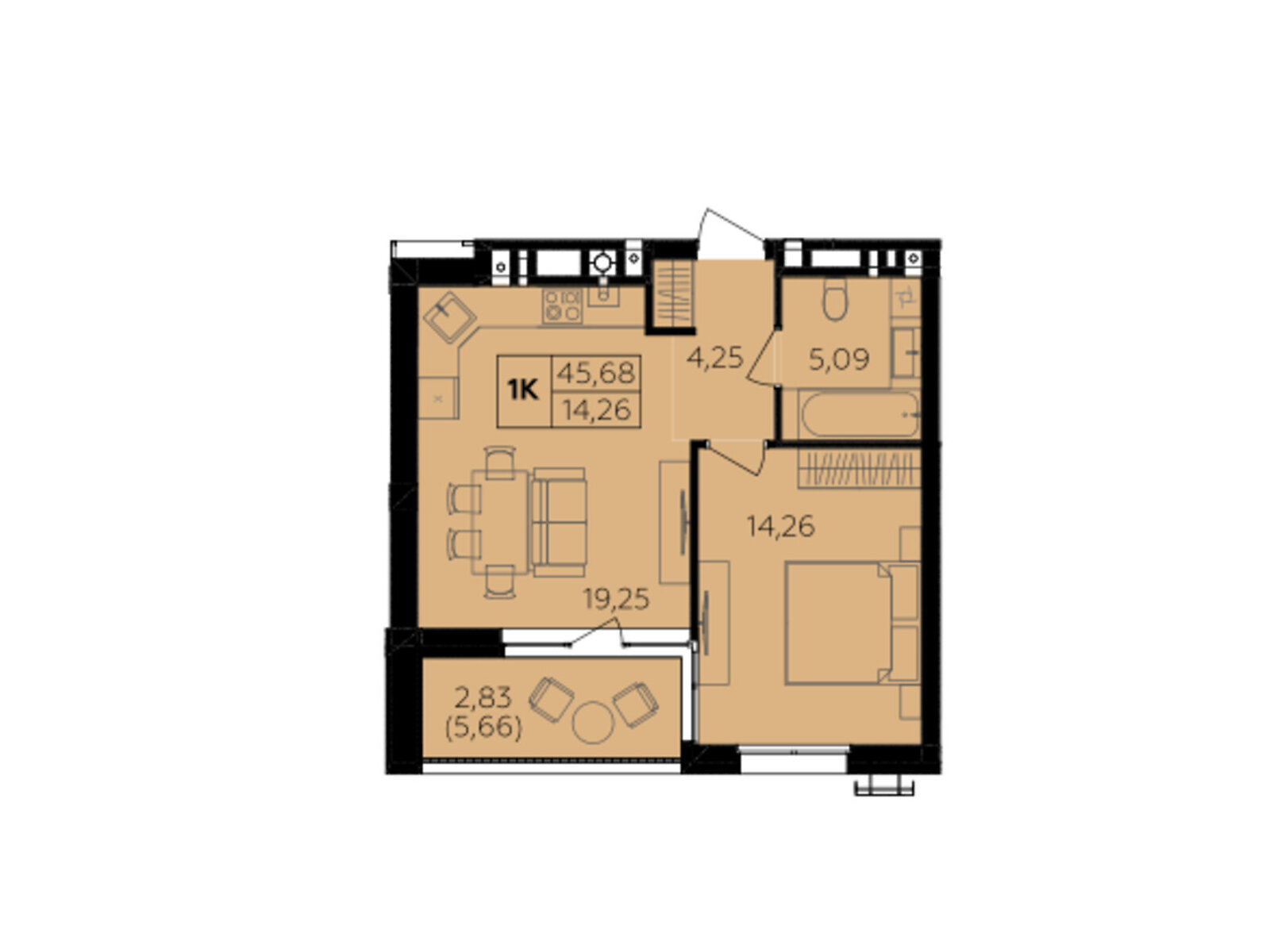 1 КІМ. КВАРТИРА, ПЛОЩА - 45.68 м², ЦІНА - 40 427 $
, Немирівське шосе