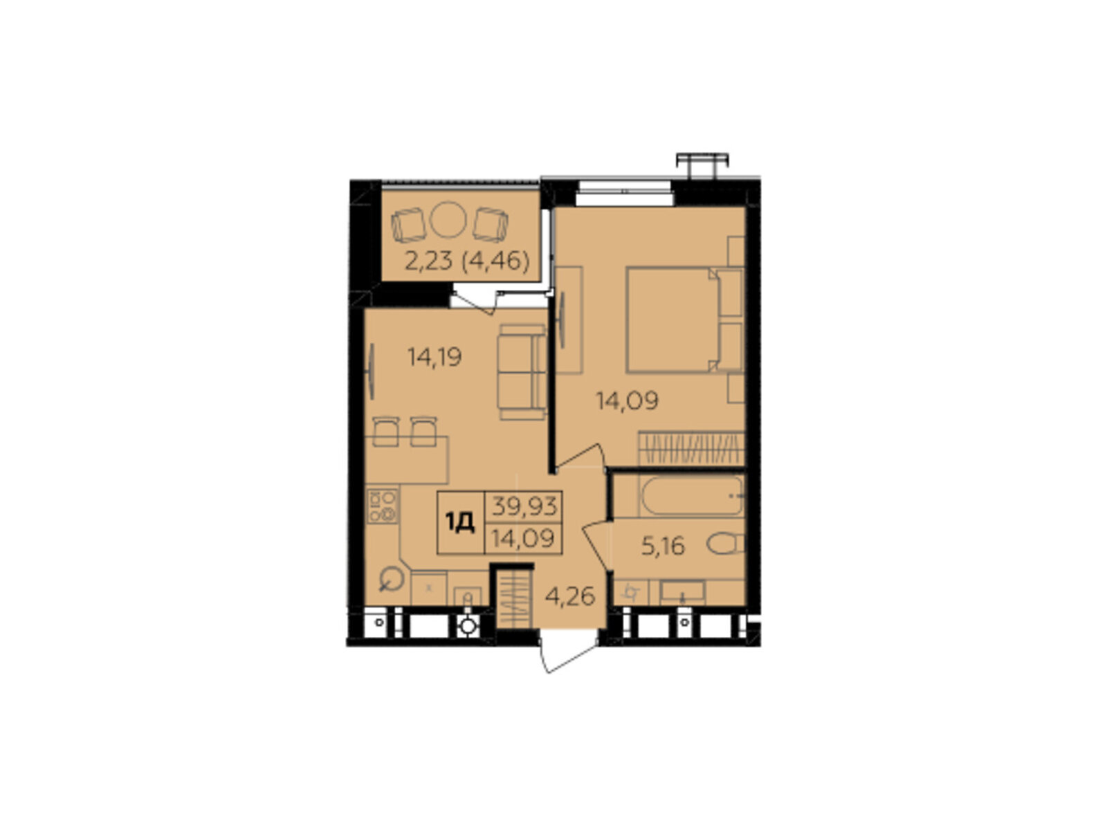 1 КІМ. КВАРТИРА, ПЛОЩА - 39.93 м², ЦІНА - 35 737 $
, Немирівське шосе